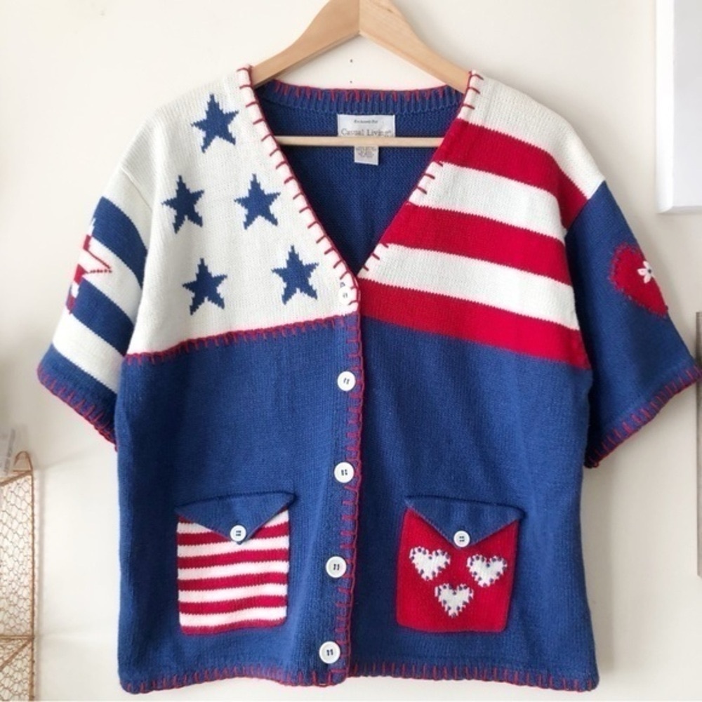 80s Vintage Americana Stars & Stripes Heart Patch Patriotic Cardigan Sweater XL - Picture 4 of 14
